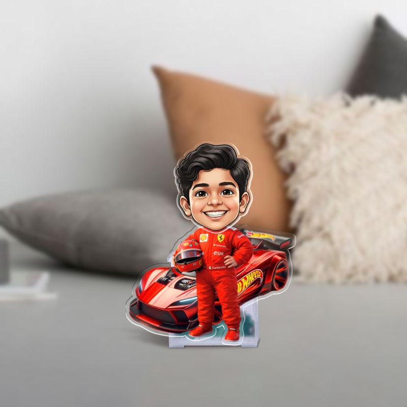 Personalized Car Racer Boy Funny Face Caricature with Shaking Head Gift for Boyfriend, Friend, Brother & Car Lover Batter Powered Moving Head Bobblehead Figurine